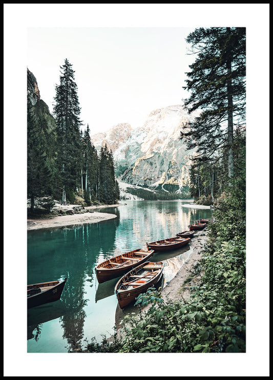 Boats with Mountain View Poster