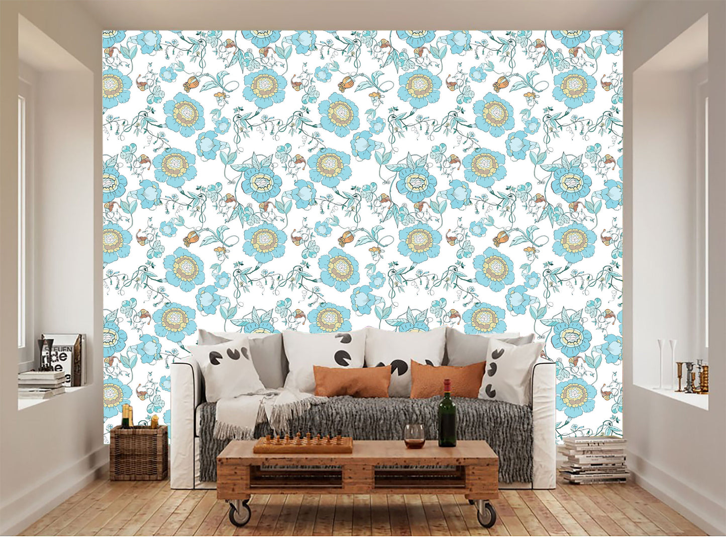 Flowers in chinoiserie self adhesive wallpaper, peel and stick, temporary wallpaper, Chinoiserie wallpaper, modern wall art