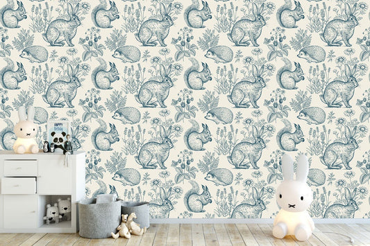 Woodland self adhesive removable wallpaper, Animal wallpaper, Vintage nursery wallpaper, Rabbit, Squirrel, Hedgehog