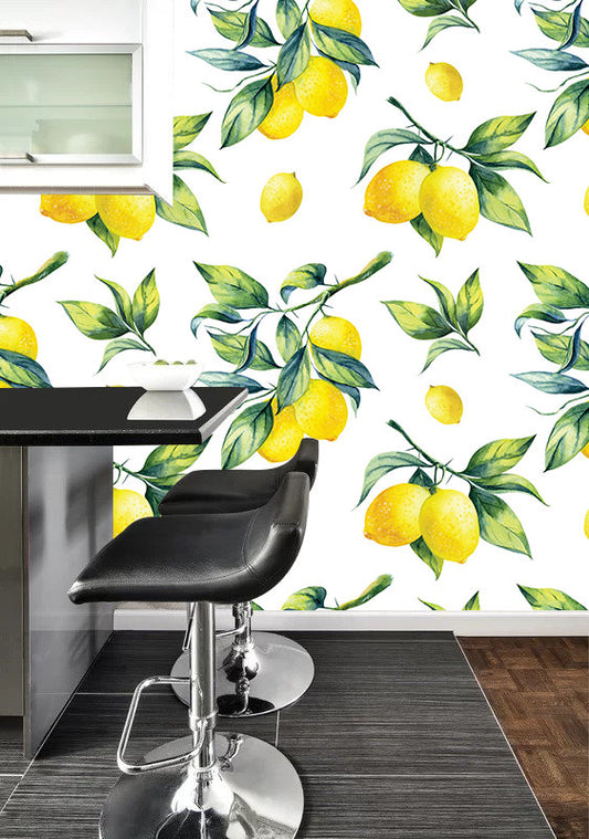 Lemon wallpaper, watercolor yellow vibrant wall mural, self-adhesive, peel and stick, temporary wallpaper, modern wall art