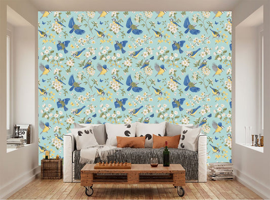 Birds and flowers in Chinoiserie style self adhesive wallpaper, peel and stick, temporary wallpaper, Chinoiserie wallpaper, modern wall art