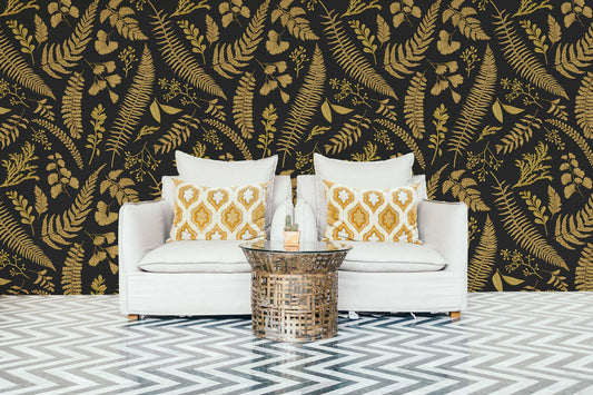 Gold Ferns And Leaves | Removable Wallpaper | Self-adhesive | Temporary wallpaper #291