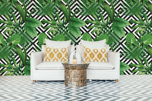 Tropical Palm Leaves Geometric | Removable Wallpaper | Self-adhesive | Temporary wallpaper #271