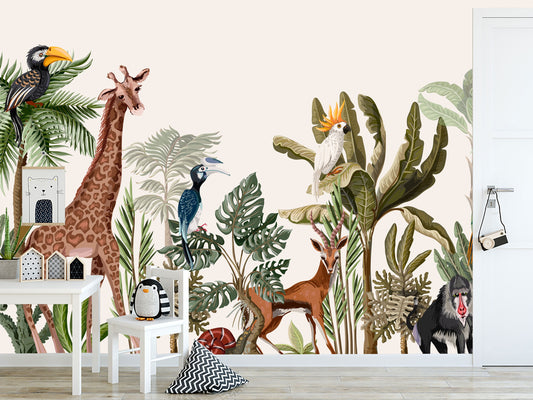 Safari - Wallpaper for children with animals - safari wallpaper - Self Adhesive -Wall Mural - Nursery wallpaper - Unique wallpaper