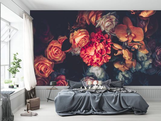 Beautiful Vintage removable Wallpaper Dark Dutch Floral - Roses - Peel and Stick Flower and Blossom Wallpaper, Dark flowers