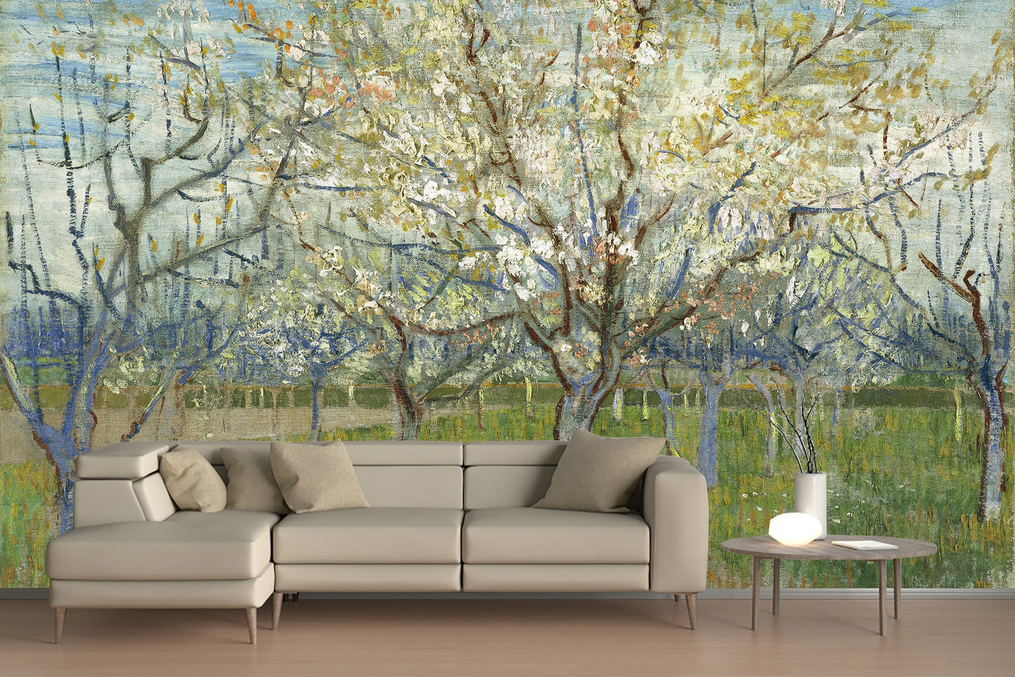 The pink orchard by Van Gogh Wallpaper, oil painting flowers wallpaper, removable peel and stick wallpaper, floral wallpaper, dutch painting