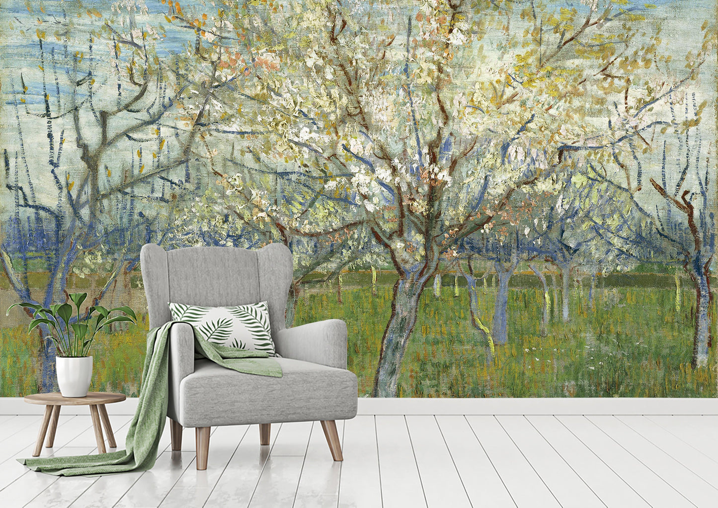 The pink orchard by Van Gogh Wallpaper, oil painting flowers wallpaper, removable peel and stick wallpaper, floral wallpaper, dutch painting