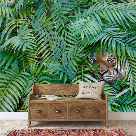 Tiger Hide and Seek,  Jungle wallpaper, Tropical leaves, Wild animals wallmural, Wall mural, Remove wallpaper, peel and stick