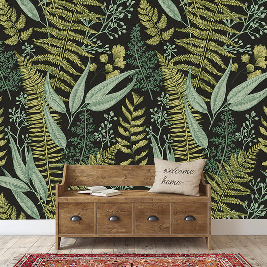 Botanical Wallpaper, Ferns Wallpaper, Wall Mural, Green Home, Herbal Decorations, Peel and stick, Removable Wallpaper, Temporary wall art