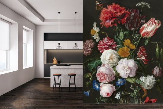 Dark floral peel and stick wallpaper, Dutch flowers oil painting, Wall mural, Still life flowers wall art, Dark flowers, Dark wall mural