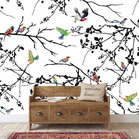 Colorful birds self adhesive removable wall mural, Birds wallpaper, Temporary wall art, Peel and stick, Wall Art, Wall decor, Home decor