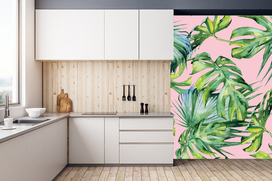 Pink Jungle wallpaper, peel and stick, Monstera Palm Leaf Wallpaper, Exotic Removable Wall Paper with Monstera Leaves, Green Jungle Mural