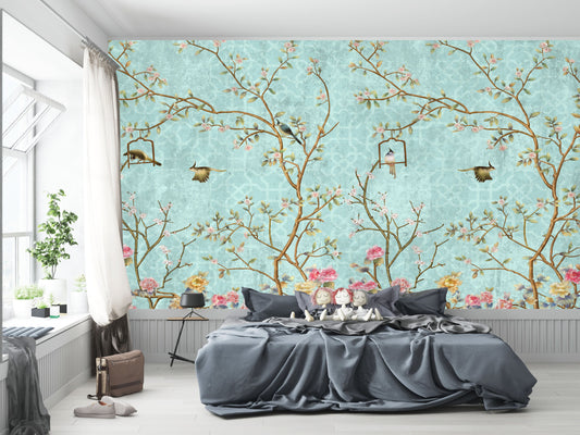 Chinoiserie wallpaper, Floral Murals Wallpaper with Birds, Peel and stick, Reusable Fabric Wallpaper Murals