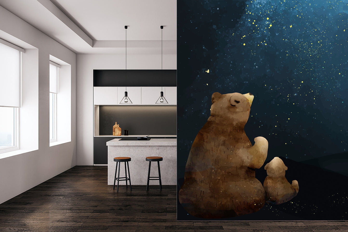 Self Adhesive Peel and Stick Kids Wallpaper Removable Father and son bear watching the galaxy