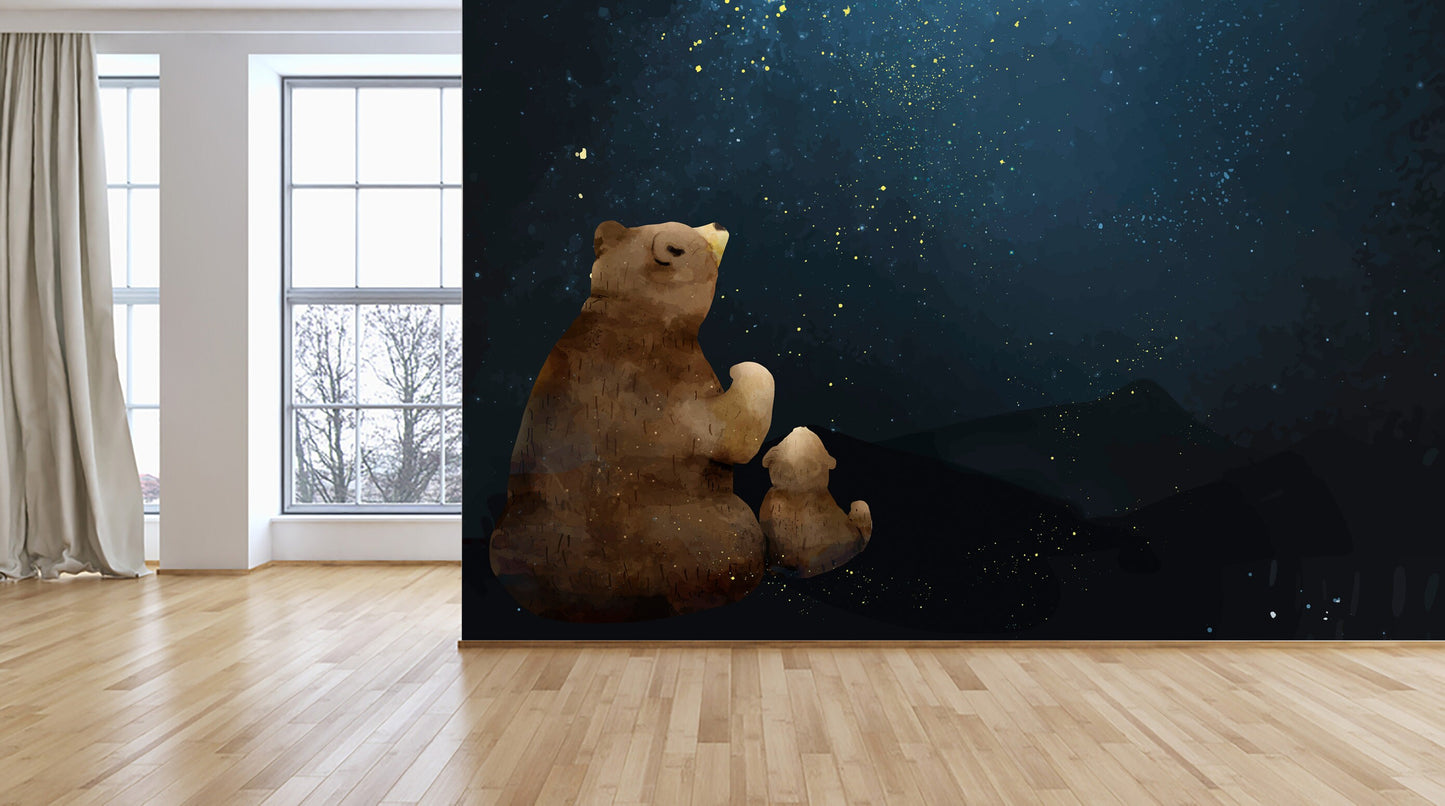 Self Adhesive Peel and Stick Kids Wallpaper Removable Father and son bear watching the galaxy