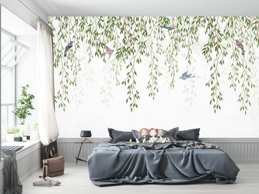 Hanging Leaves Birds Tropical Wallpaper Floral Wall mural White Background Ivy Wall art Vine Trendy Wallposter Modern Room Design