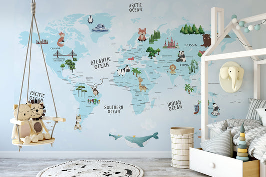 Blue World Map Wallpaper, Wall Cover, Design, Nursery, Illustration, Wall Art #13