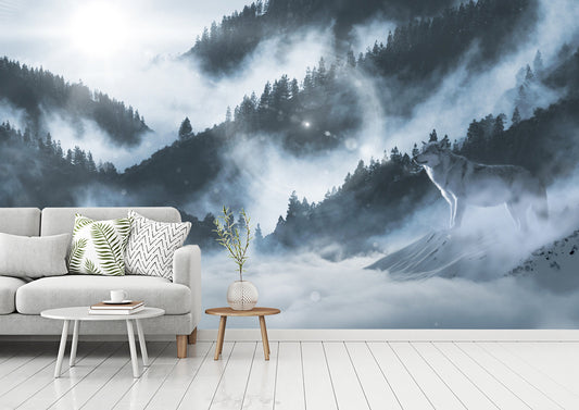 Artic Wolf ln Winter Mountains, Foggy Mountain, Wall Mural, Romantic Smoky, Wall Decal, Hill, Mist, Peel and stick, removable wallpaper