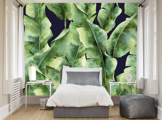 Tropical Banana Leaf Palm Tree Wallpaper, Removable Wallpaper - Peel and Stick - Tropical Jungle Decor - Floral Banana Print Wallpaper