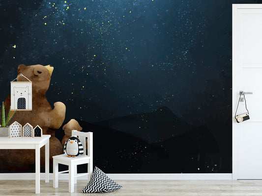 Self Adhesive Peel and Stick Kids Wallpaper Removable Father and son bear watching the galaxy