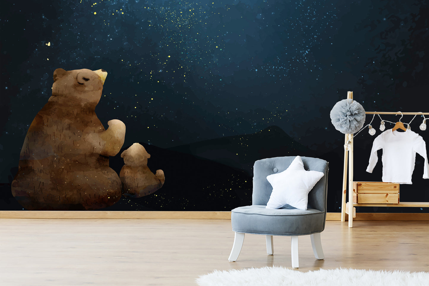 Self Adhesive Peel and Stick Kids Wallpaper Removable Father and son bear watching the galaxy