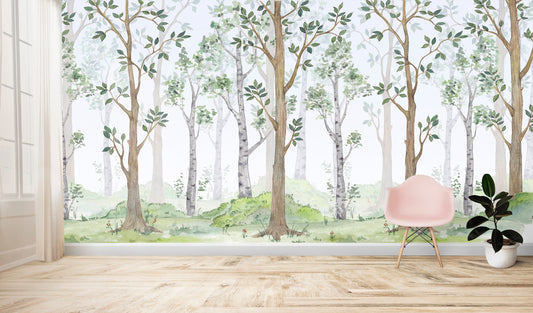 Wallpaper, photo wallpaper, nursery, woodland, birches, watercolor, colored pencil, nature, baby room, desired color, motif wallpaper