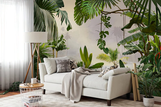 Rainforest tropical Wallpaper, Peel and Stick jungle flower and leaves mural with palm trees, Green decor, Trending murals, Fast selling