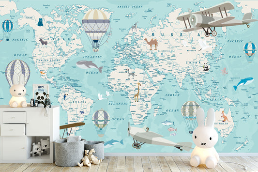 Kids World Map Wallpaper, Planes, Balloons Kids Learning Peel and Stick Kid's Wallpaper Mural, Map, removable, free express delivery