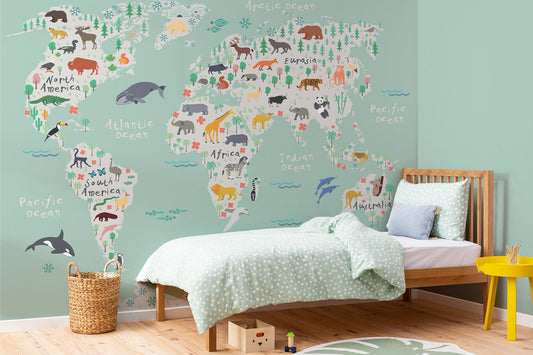 Giant Safari Kids Safari Map Wallpaper Mural, Living Room, Bedroom, World Map Wall Decal, Wall Art, vintage map, world map wallpaper