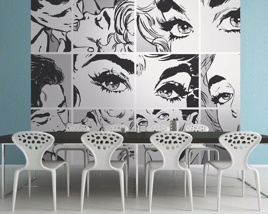 Black & White Pop Art Wall Mural | Removable Peel and Stick Wallpaper | Temporary Wall Art Decor