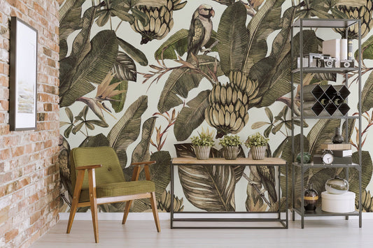 Vintage jungle wallpaper, self adhesive wallpaper, vintage tropical wallpaper, Premium removable wallpaper, peel and stick wallpaper, Birds