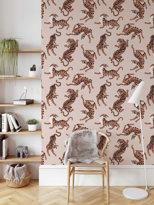 Boho Neutral Rose Tiger Wallpaper Removable Peel and Stick Wallpaper, Animal Print Repositionable Peel and Stick Wallpaper