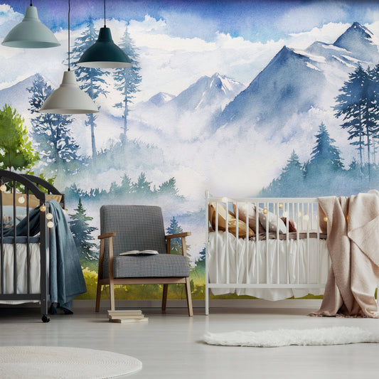 Watercolor Mountains Peel and Stick Wallpaper | Removable Landscape Wallpaper | Self Adhesive Kids Mountain Mural | 3D Blue Forest Wallpaper