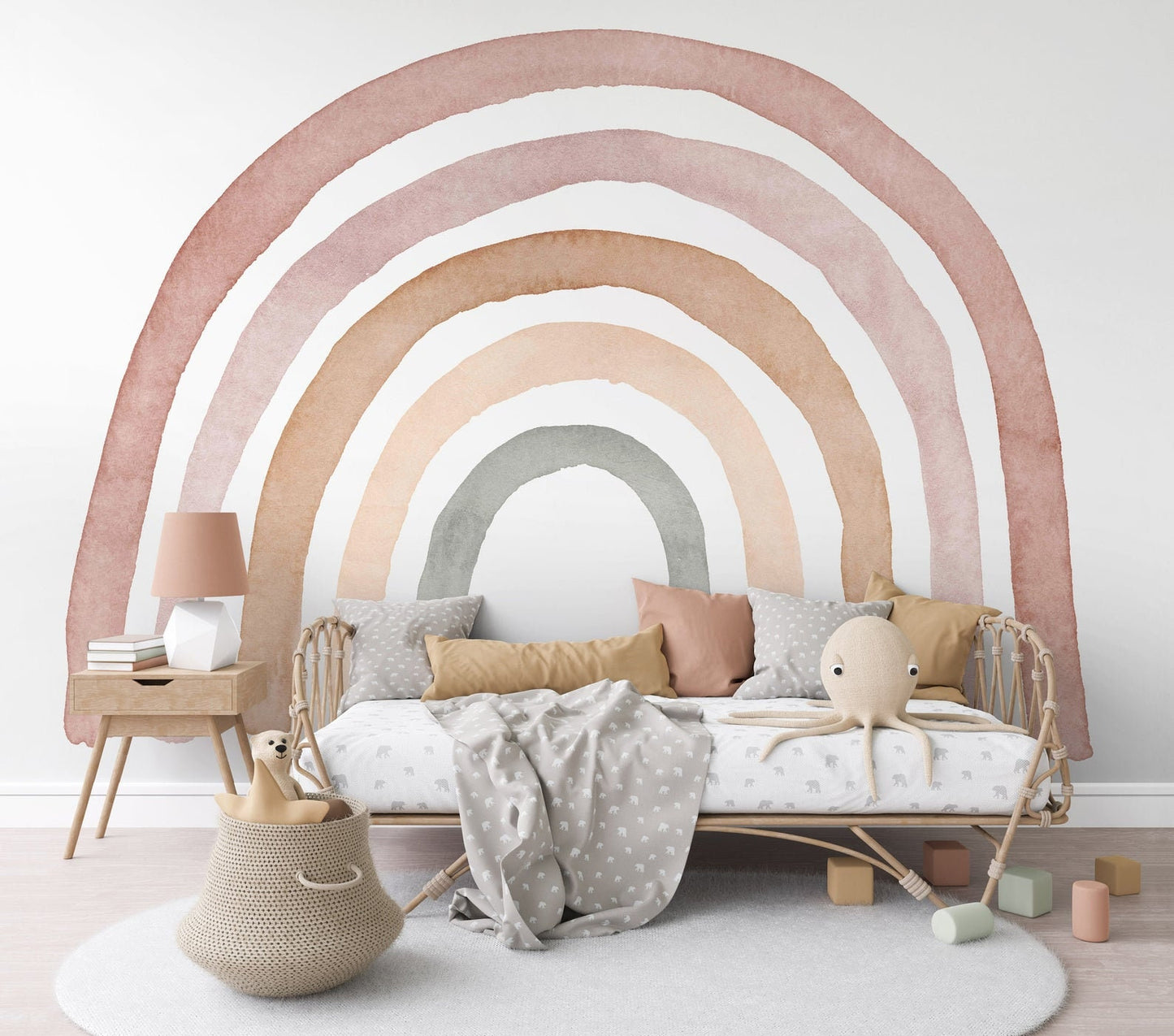 Mural Rainbow Mural Sweet Neutral Boho with white background  - Rainbow Nursery Traditional Pre-pasted or Peel and Stick Wallpaper