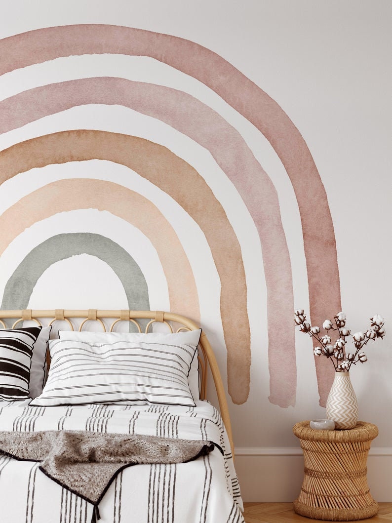 Mural Rainbow Mural Sweet Neutral Boho with white background  - Rainbow Nursery Traditional Pre-pasted or Peel and Stick Wallpaper