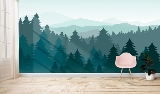 Mountain Wall Decal / Mountain Wall Mural / Woodland Wall Mural / Forest Wall Mural / Pine Tree Wall Decal / Peel and Stick Mural