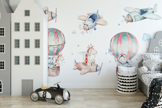 Repositionable Fabric Wall Decal, Nursery wall sticker, Bears wall decal, Transportation wall decal, Hot air Balloon decal