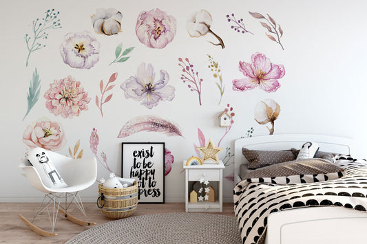 Floral Wall Decals Bedroom, Flower Wall Decals Nursery, Large Watercolor Flower Wall Stickers, Botanical Wildflower Wall Decals Peel & Stick