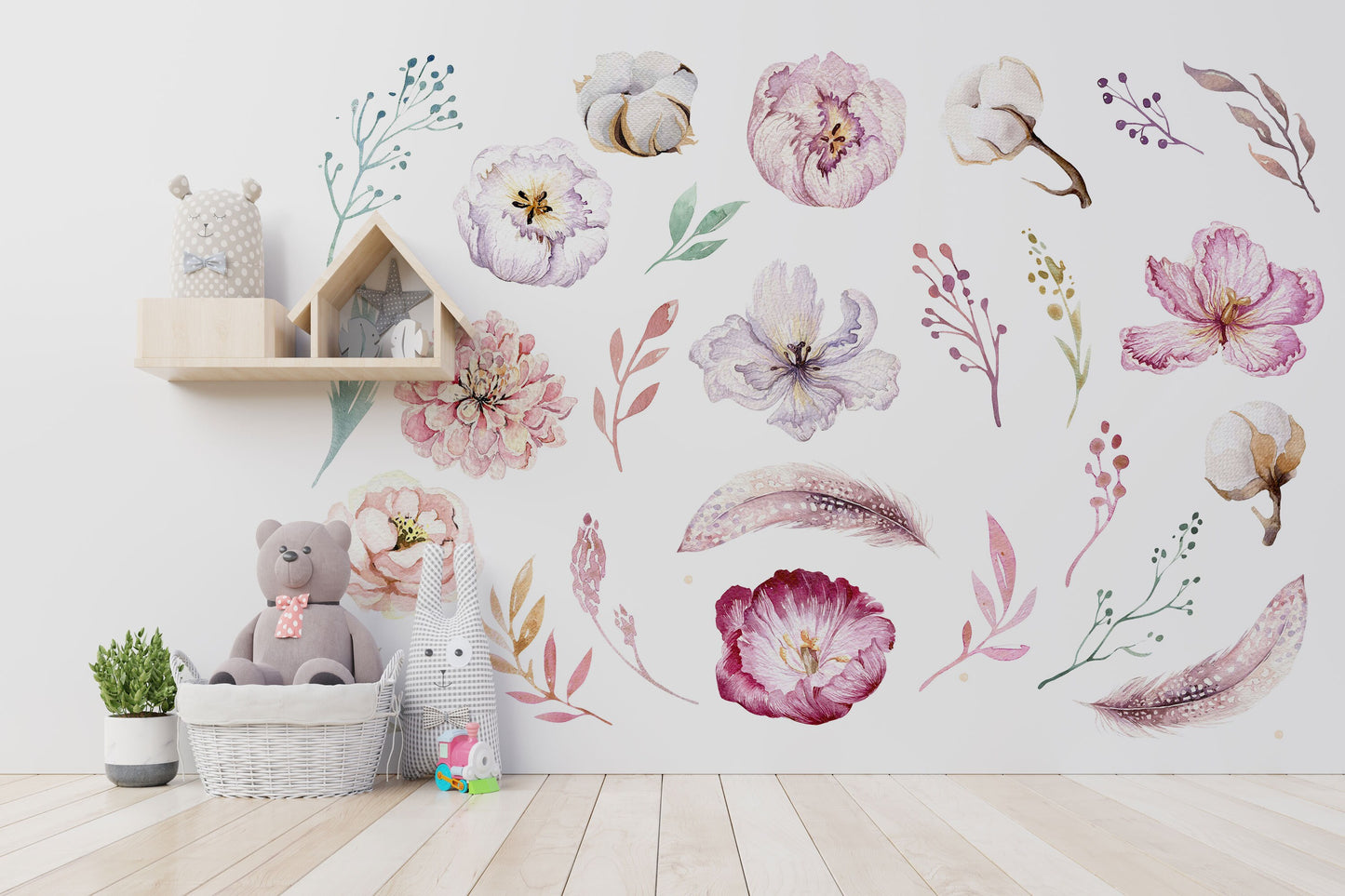 Floral Wall Decals Bedroom, Flower Wall Decals Nursery, Large Watercolor Flower Wall Stickers, Botanical Wildflower Wall Decals Peel & Stick