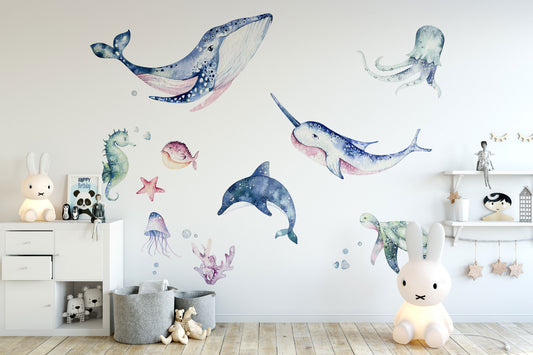 Ocean Animals Wall Decal for Kids and Nursery, Sticker Set, Dolphin, Shark, Turtle, Watercolor, Peel and stick