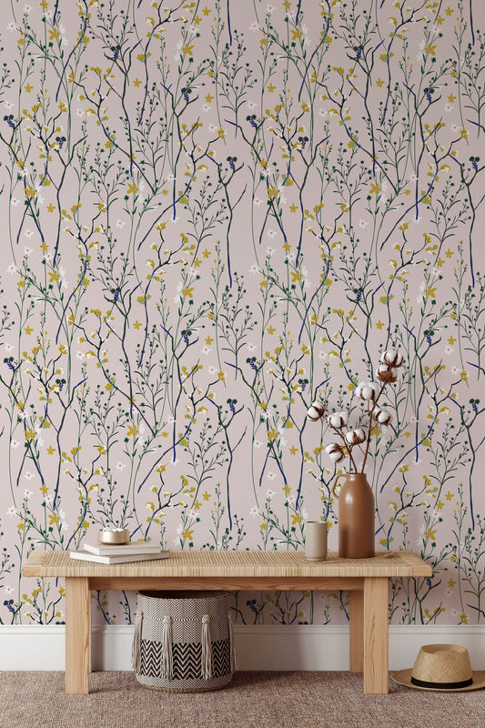 Wind Blow Flowers | Removable Wallpaper | Scandinavian Wallpaper | Temporary Wallpaper | Peel and Stick Wallpaper