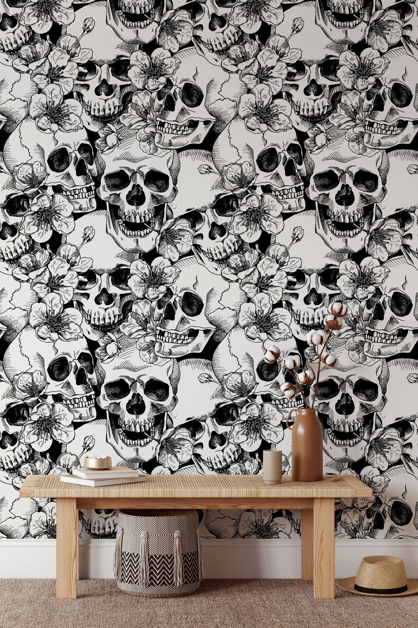 Skull and Cherry Flowers | Wall Hanging | Peel and Stick Wallpaper | Removable Wallpaper | Wall Decor | Home Decor | Wall Art Printable