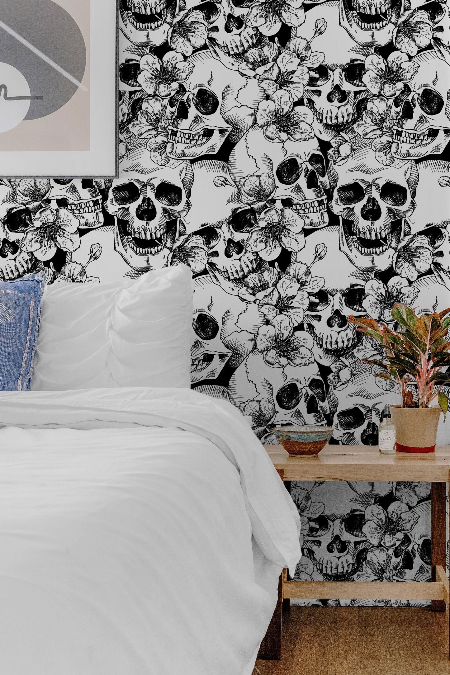 Skull and Cherry Flowers | Wall Hanging | Peel and Stick Wallpaper | Removable Wallpaper | Wall Decor | Home Decor | Wall Art Printable