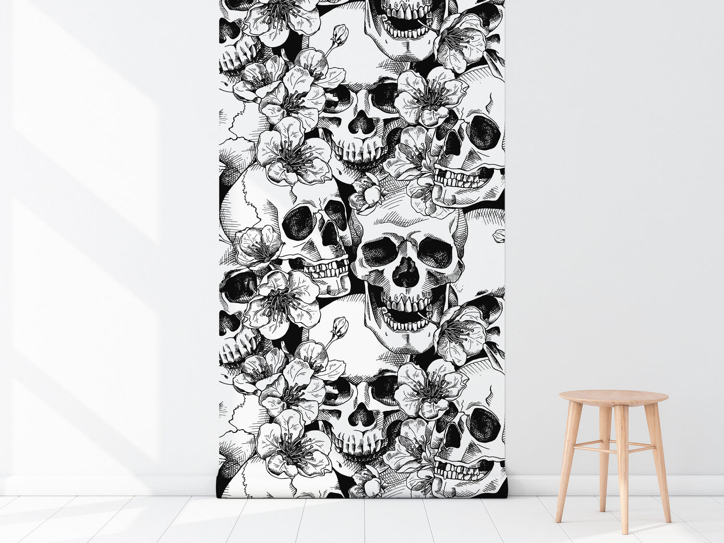 Skull and Cherry Flowers | Wall Hanging | Peel and Stick Wallpaper | Removable Wallpaper | Wall Decor | Home Decor | Wall Art Printable