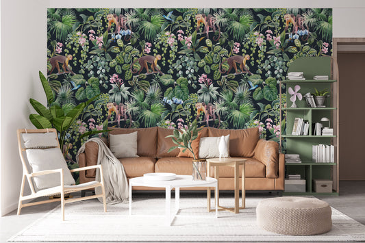 Tropical Macaque | Removable Wallpaper | Scandinavian Wallpaper | Temporary Wallpaper | Peel and Stick Wallpaper