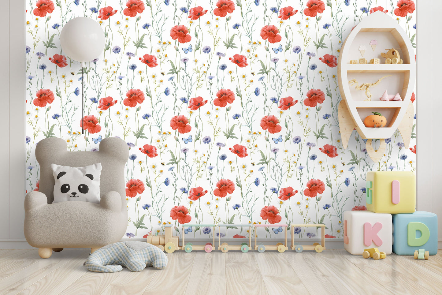 Poppy Wild Field | Removable Wallpaper | Scandinavian Wallpaper | Temporary Wallpaper | Peel and Stick Wallpaper