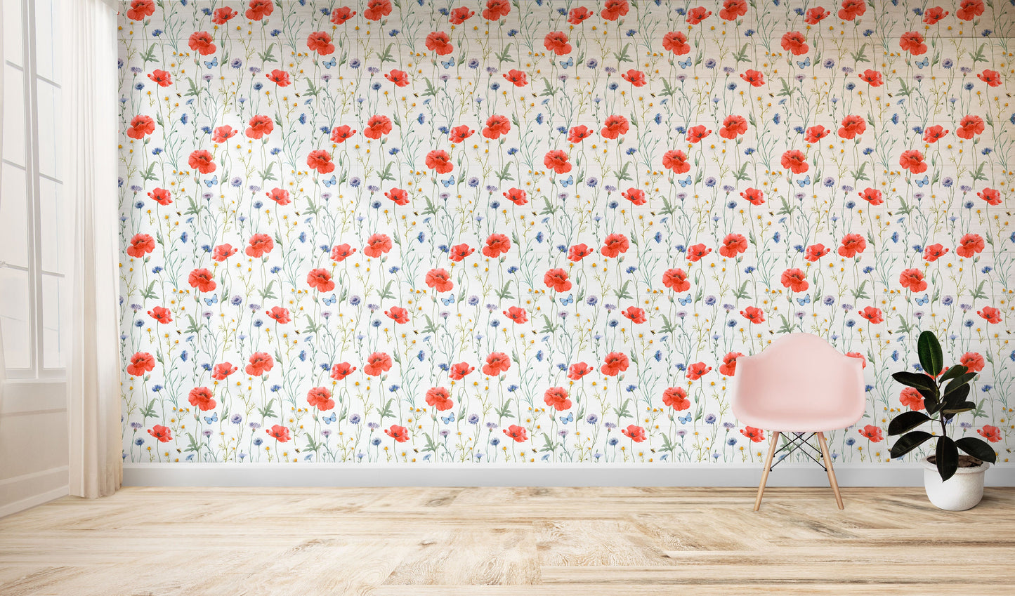 Poppy Wild Field | Removable Wallpaper | Scandinavian Wallpaper | Temporary Wallpaper | Peel and Stick Wallpaper