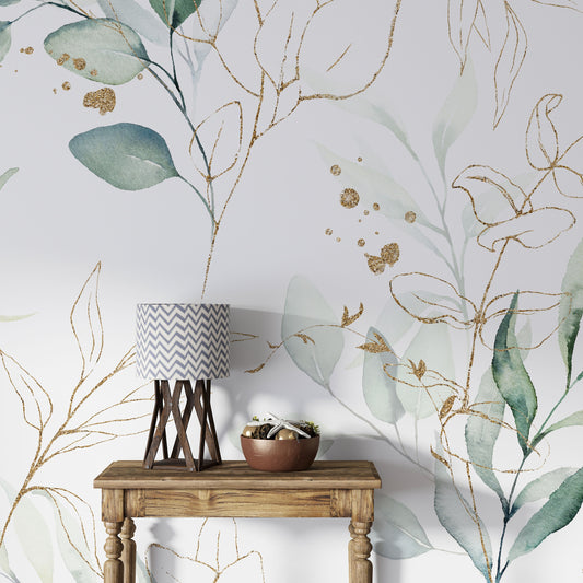 Green Eucalyptus Peel and Stick Wallpaper - Botanical Removable Wall Decal - Gradient Gold Leaves - Self-Adhesive Vinyl Wallpaper