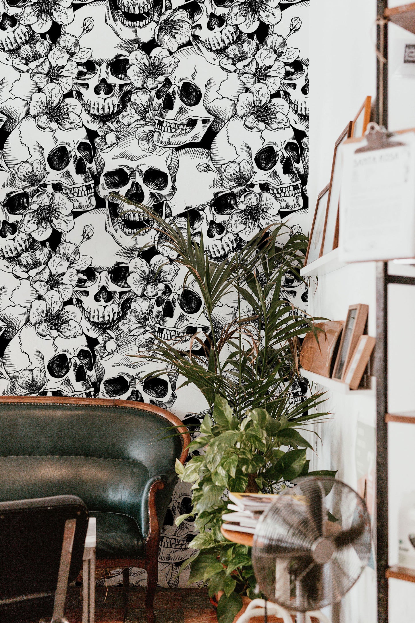 Skull and Cherry Flowers | Wall Hanging | Peel and Stick Wallpaper | Removable Wallpaper | Wall Decor | Home Decor | Wall Art Printable