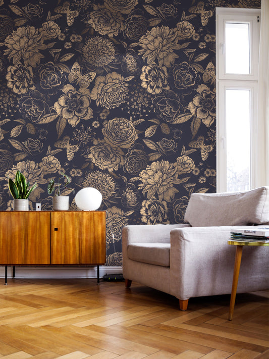 Vintage Flower Gold Color Wallpaper | Removable Wallpaper | Peel and Stick Wallpaper | Wall Paper | Wall Mural